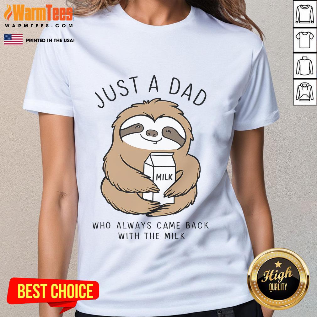 Alt Text: Funny sloth graphic on a Just a Dad Who Always Came Back with the Milk ladies tee shirt. Perfect for sloth lovers!