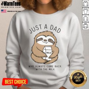 Alt Text: Funny sloth sweatshirt reading Just a dad who always came back with the milk, perfect for sloth lovers and dads.
