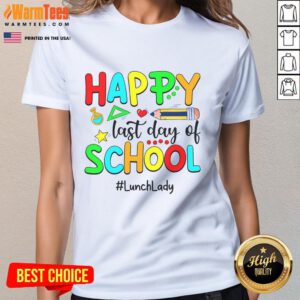 Funny summer teacher lunch lady celebrating last day of school, wearing a cheerful tee with a smile.