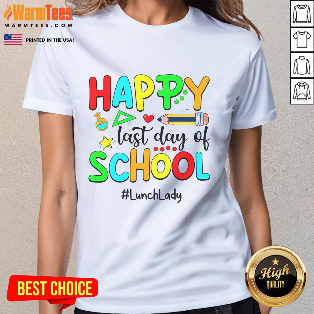 Funny summer teacher lunch lady celebrating last day of school, wearing a cheerful tee with a smile.