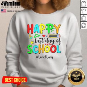 Alt Text: Happy lunch lady wearing a Funny Summer Teacher sweatshirt on the last day of school, celebrating with joy.