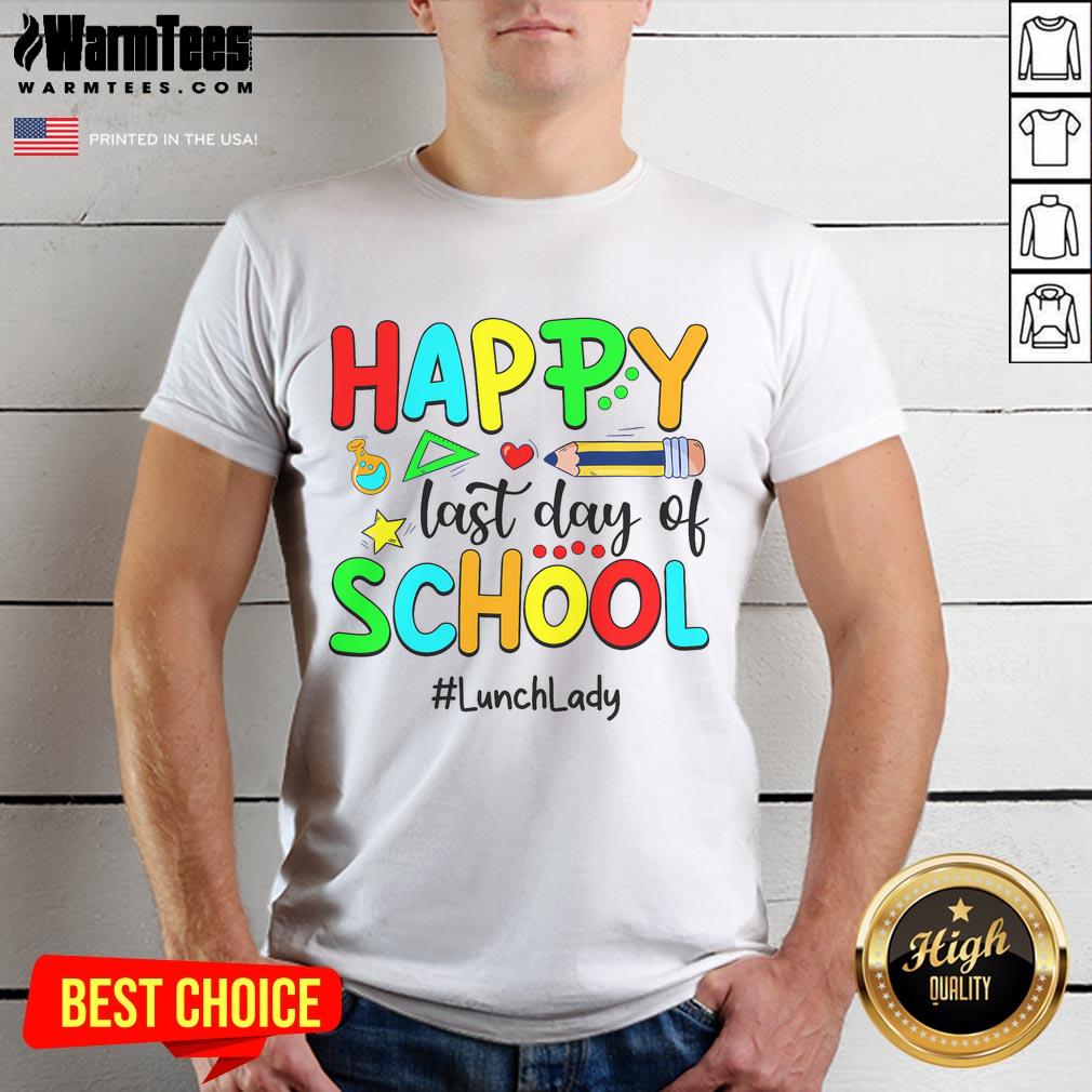 Funny Summer Teacher T-Shirt featuring a happy lunch lady celebrating the last day of school, perfect for summer vibes.