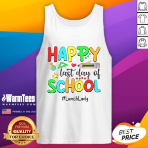 Funny summer teacher wearing a happy last day of school lunch lady tank top, celebrating with friends outdoors.