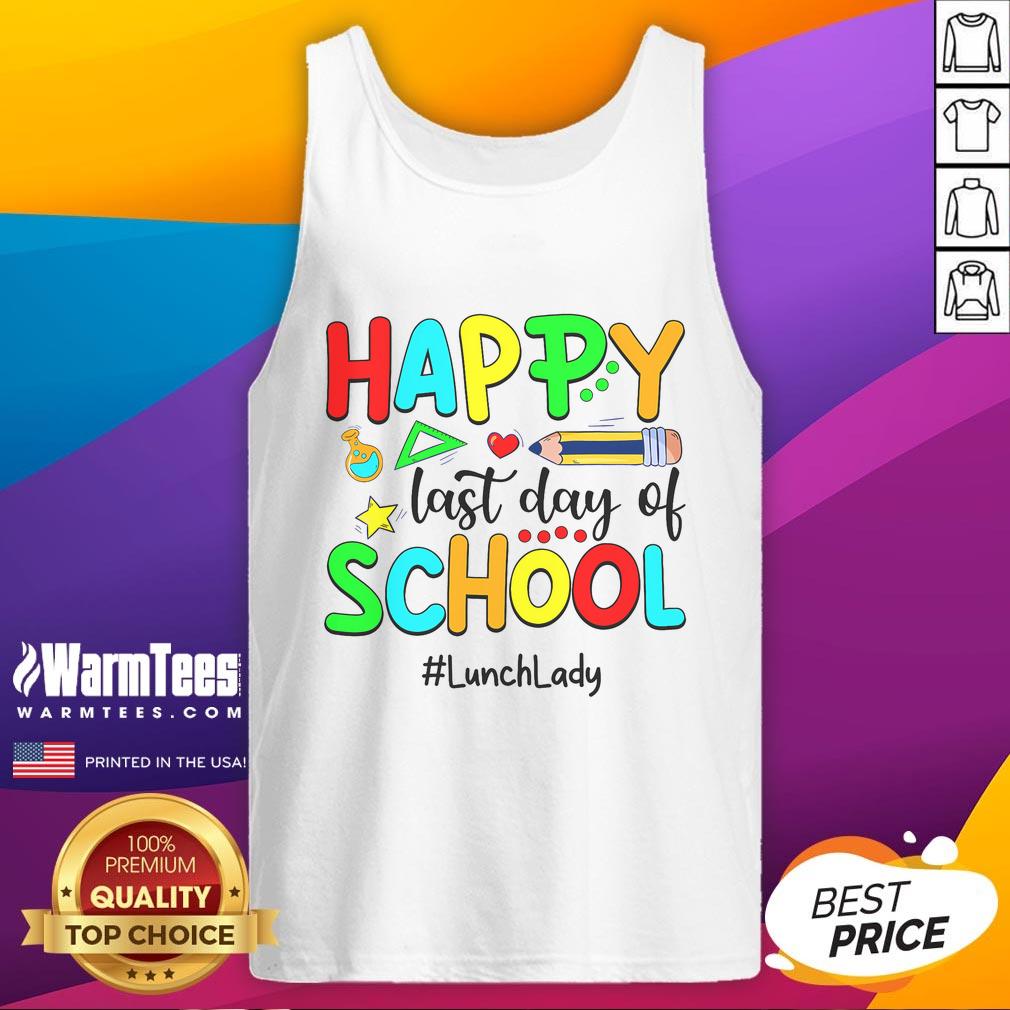 Funny summer teacher wearing a happy last day of school lunch lady tank top, celebrating with friends outdoors.