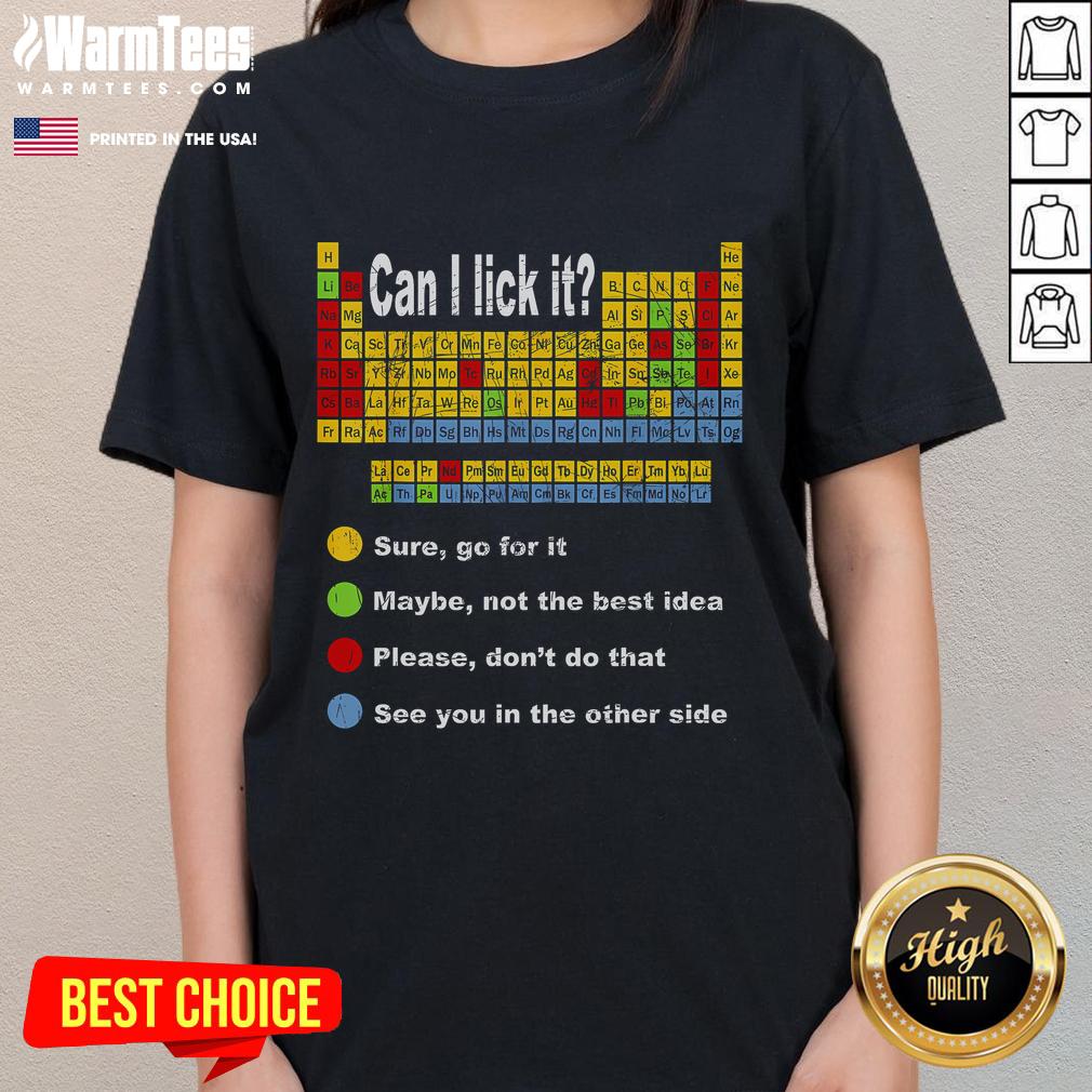 Vintage ladies tee featuring a playful periodic table design with the phrase 'Good Can I Lick It' for teachers and students.