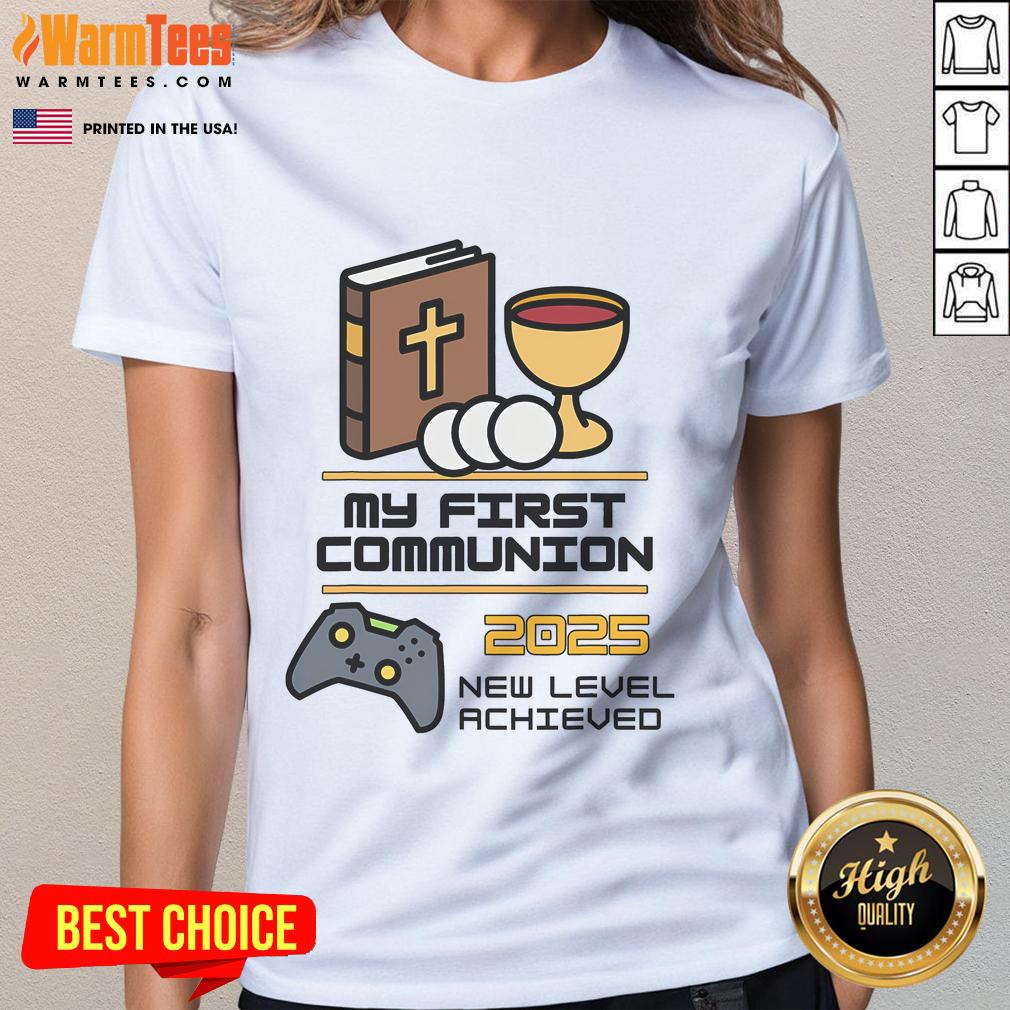 Good My 1st First Communion 2025 video game controller ladies tee with playful design, perfect for gamers celebrating milestones.