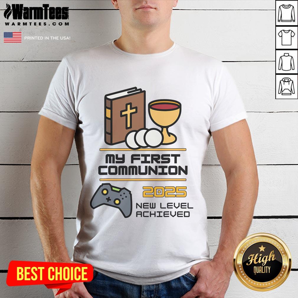 Good My 1St First Communion 2025 Controller Video Game T-Shirt featuring a colorful game controller design for kids.