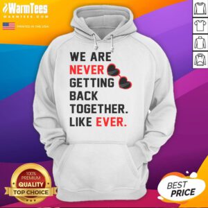 Person wearing a 'Good We Are Never Getting Back Together' hoodie and red glasses, showcasing trendy casual style.