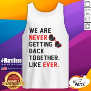 Stylish red glasses and a tank top featuring 'We're Never Getting Back Together' text, perfect for casual wear.
