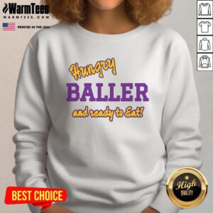 Alt Text: Happy hungry baller wearing a 'Ready to Eat' sweatshirt, showcasing sporty style and vibrant energy.
