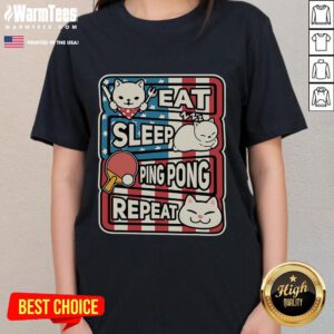 Patriotic ladies' tee featuring a cute cat graphic with 'Eat Sleep Ping Pong Repeat' text, perfect for table tennis lovers.