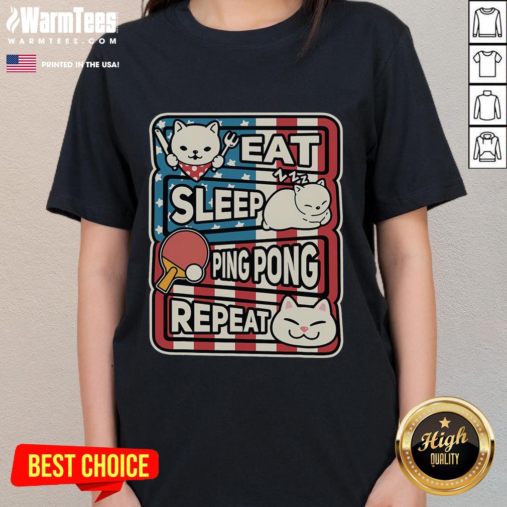 Patriotic ladies' tee featuring a cute cat graphic with 'Eat Sleep Ping Pong Repeat' text, perfect for table tennis lovers.