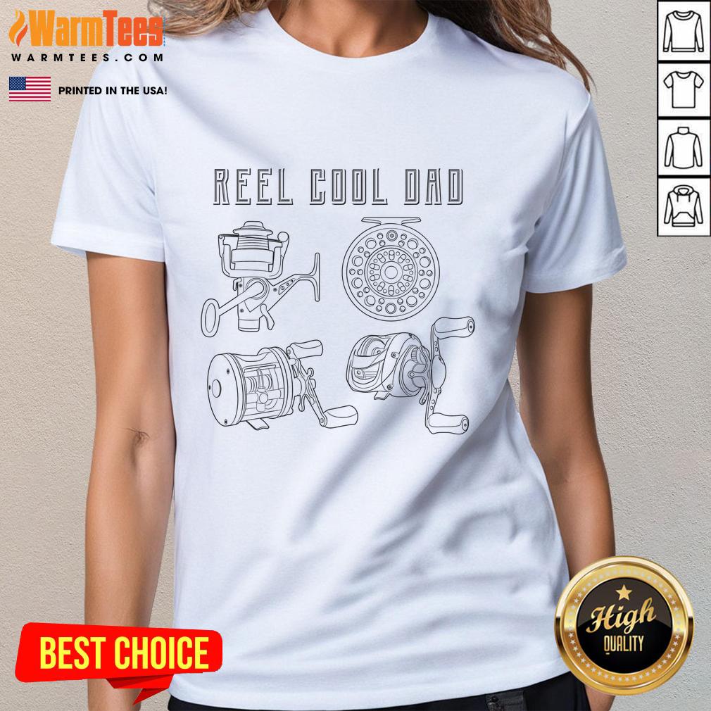 Cool dad ladies tee featuring 'Nice Reel Cool Dad' design, perfect for fishing enthusiasts and casual wear.