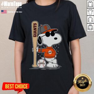 Alt Text: Snoopy standing pose on a San Francisco Giants baseball ladies tee, showcasing a fun and sporty design.