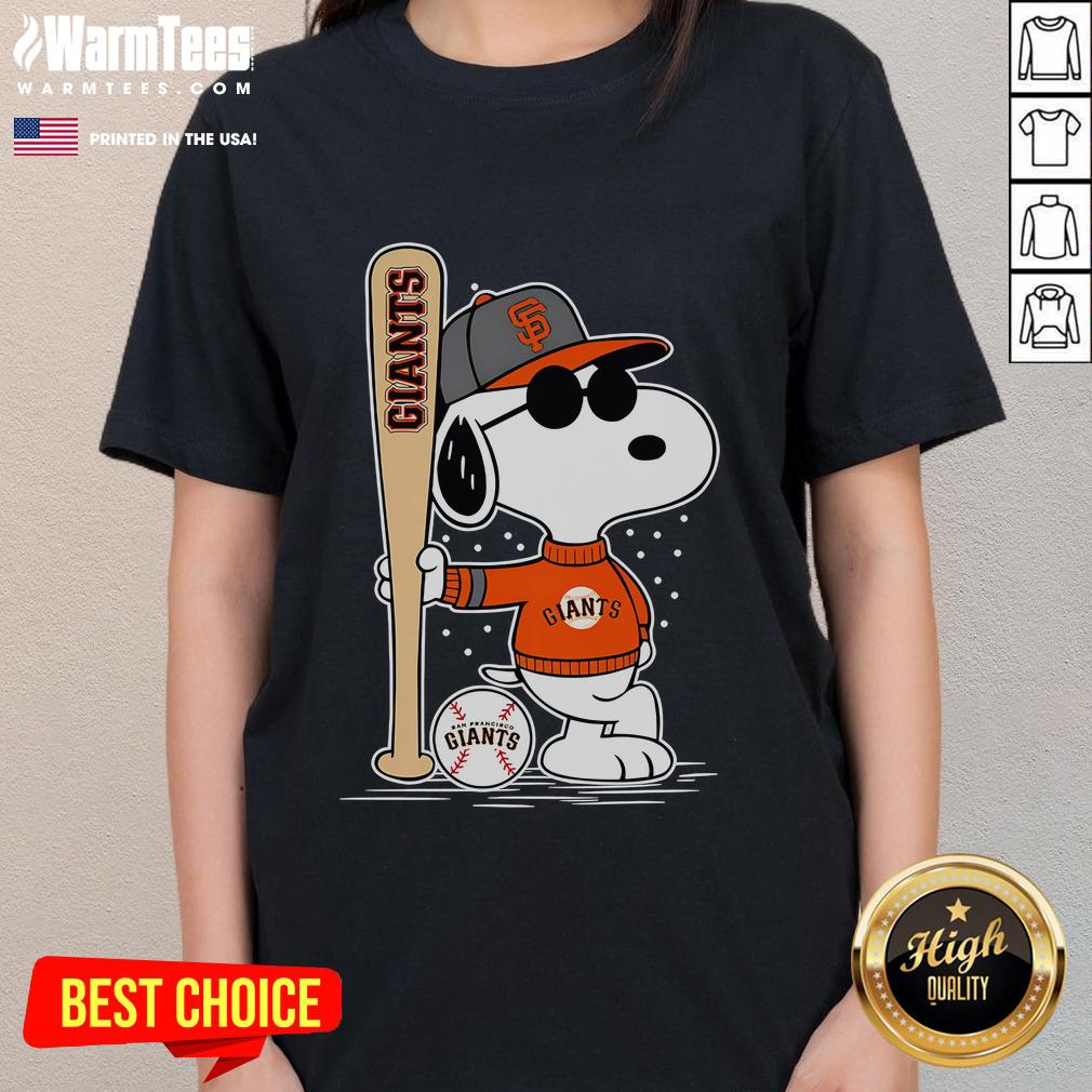 Alt Text: Snoopy standing pose on a San Francisco Giants baseball ladies tee, showcasing a fun and sporty design.