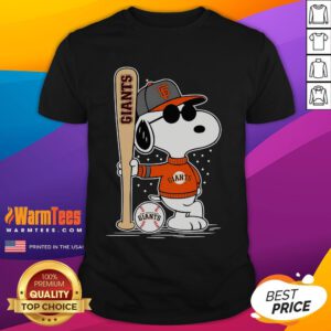 Alt Text: Snoopy in a standing pose wearing a San Francisco Giants baseball T-shirt, perfect for fans and collectors.