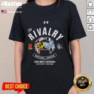 Official Maryland Terrapins vs Johns Hopkins Blue Jays 2025 rivalry performance ladies tee showcasing team logos.