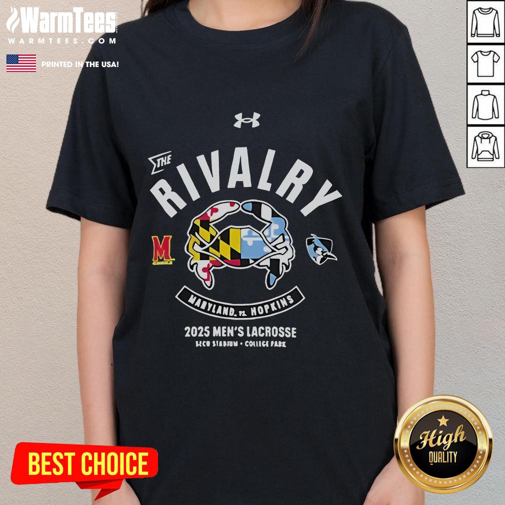 Official Maryland Terrapins vs Johns Hopkins Blue Jays 2025 rivalry performance ladies tee showcasing team logos.