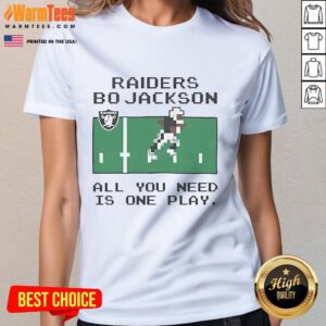 Official Tecmo Bowl Raiders Bo Jackson tee showcasing 'All You Need Is One Play' design for fans of classic video games.