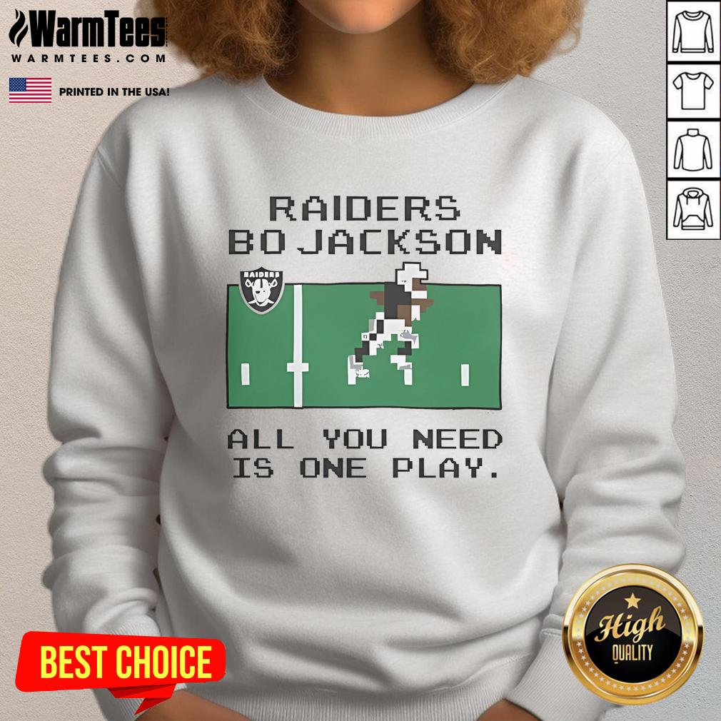 Official Tecmo Bowl Raiders Bo Jackson sweatshirt featuring 'All You Need Is One Play' design for nostalgic gamers.