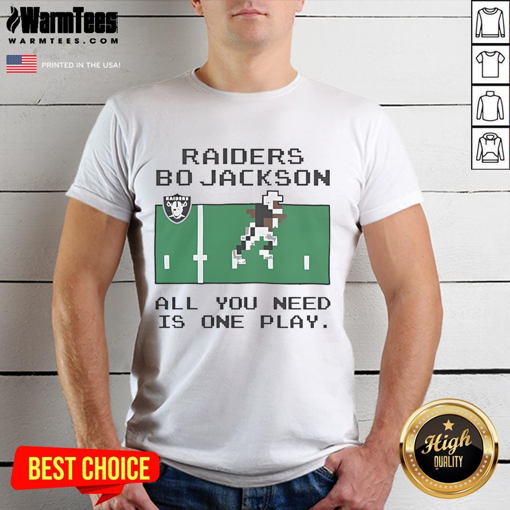 Alt Text: Official Tecmo Bowl Raiders Bo Jackson T-Shirt featuring 'All You Need Is One Play' slogan in bold design.