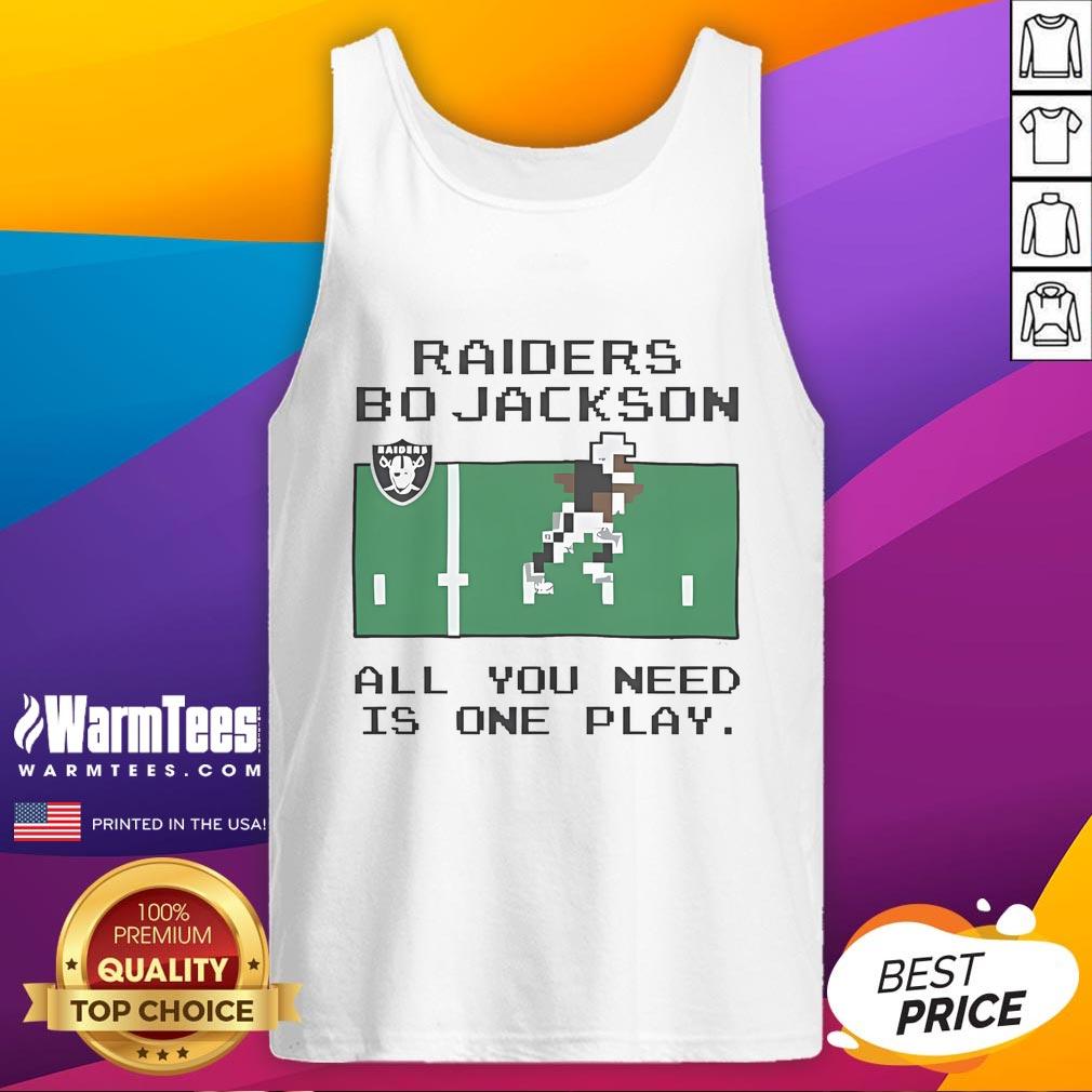 Alt Text: Official Tecmo Bowl Raiders Bo Jackson tank top featuring 'All You Need Is One Play' design.