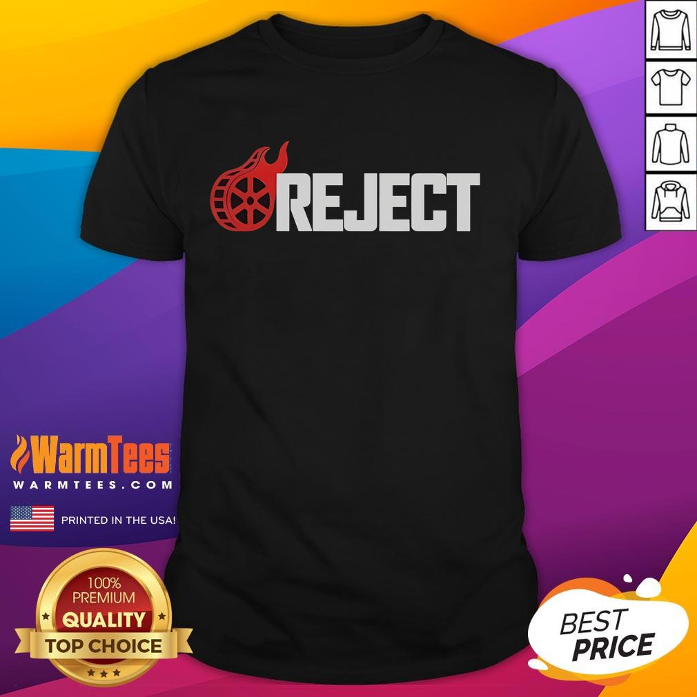 Alt Text: Official The Reel Rejects Flaming Logo T-Shirt featuring a vibrant flame design and stylish fit for fans.