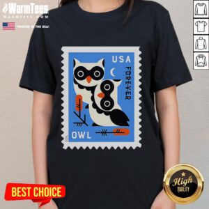 Official USA Owl Stamp Ladies Tee featuring a vibrant owl graphic and stylish design for nature lovers.