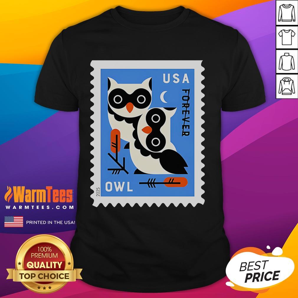 Official USA Owl Stamp T-Shirt featuring a colorful owl design, perfect for nature lovers and stamp collectors.