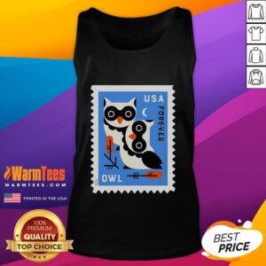 Official USA Owl Stamp Tank Top featuring a vibrant owl design, perfect for casual summer wear and owl enthusiasts.
