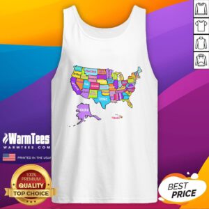 Colorful map of the United States featuring state names, printed on a stylish tank top for a fun, casual look.