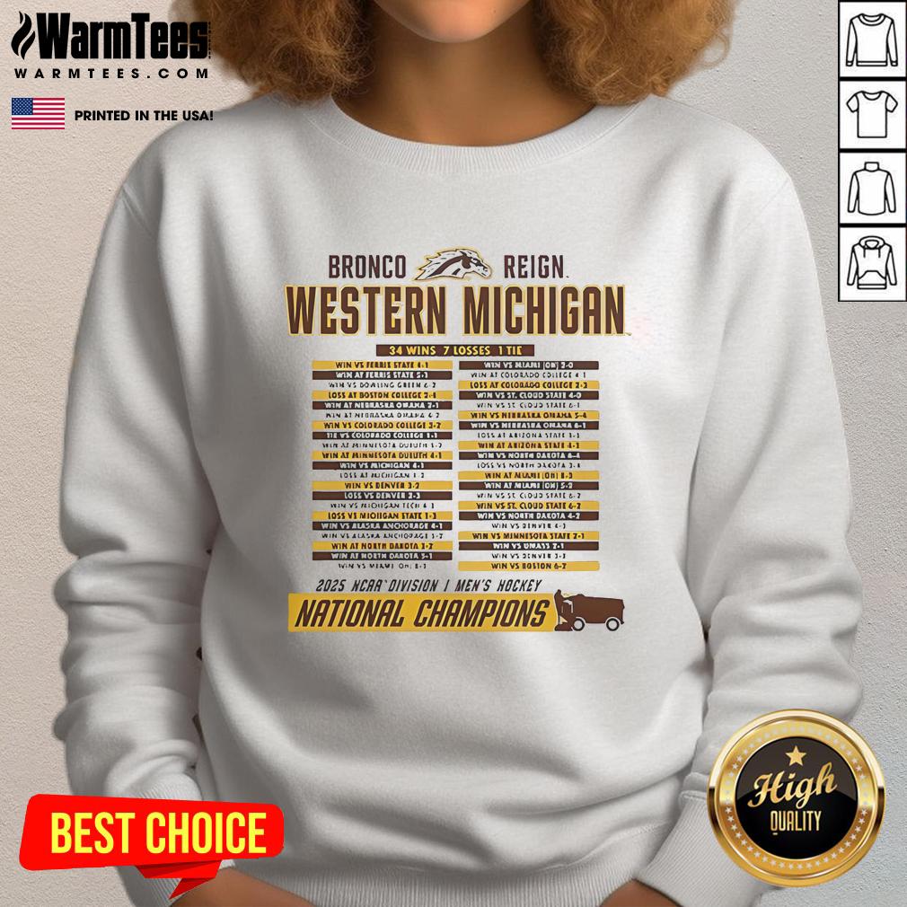 Western Michigan Broncos 2025 NCAA Frozen Four Men's Ice Hockey National Champions sweatshirt featuring team logo.