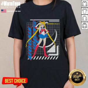 Pretty Sailor Moon Usagi Tsukino anime girl graphic on a retro ladies tee, perfect for fans of classic anime.