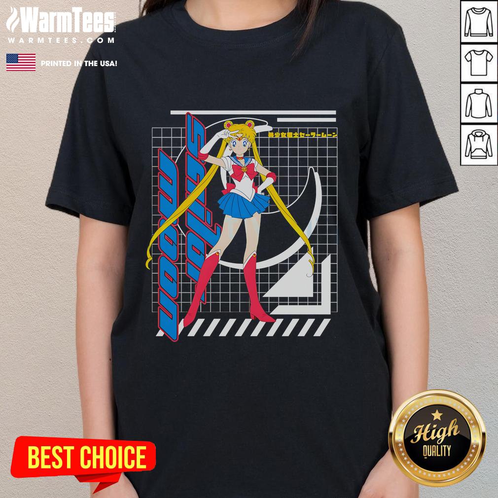 Pretty Sailor Moon Usagi Tsukino anime girl graphic on a retro ladies tee, perfect for fans of classic anime.