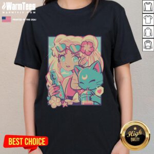 Pretty Usagi Tsukino Sailor Moon Magic Summer Ladies Tee featuring vibrant colors and iconic anime design.
