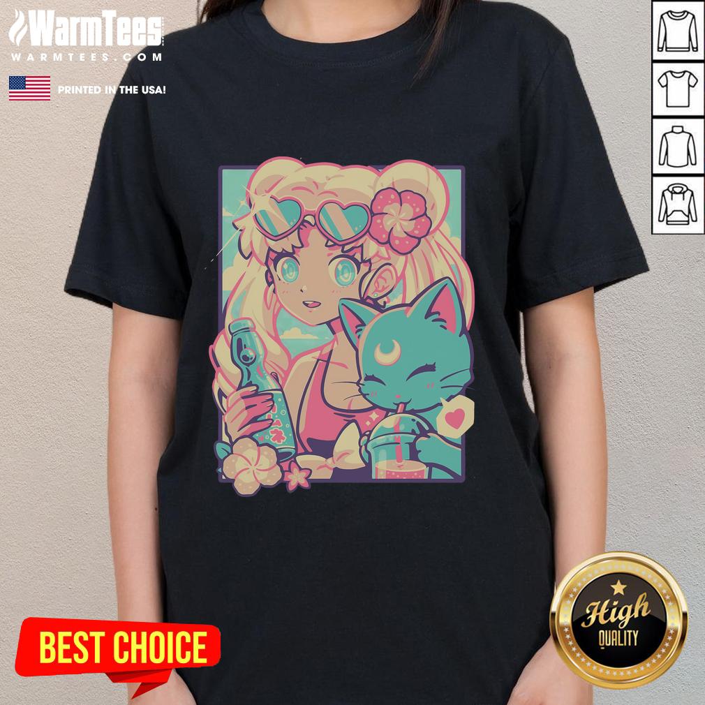 Pretty Usagi Tsukino Sailor Moon Magic Summer Ladies Tee featuring vibrant colors and iconic anime design.