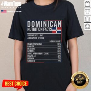 Top Dominican Nutrition Facts food graphic on a ladies tee, featuring vibrant colors and cultural elements of Repblica Dominicana.