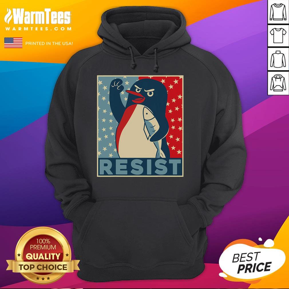 Top Penguin Resist hoodie featuring penguins protesting against tariffs in a colorful, eye-catching design.