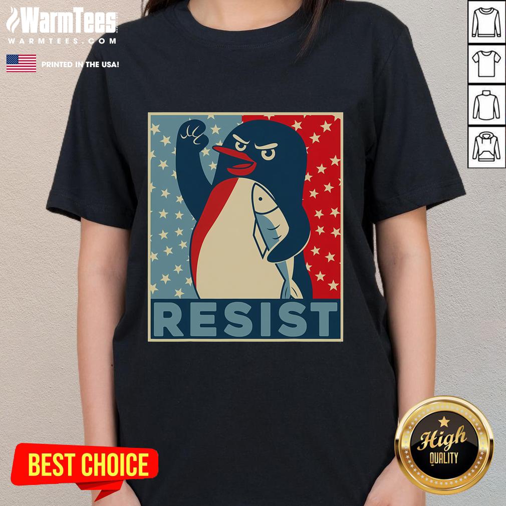Top Penguin Resist protest graphic featuring penguins advocating against tariffs on a ladies tee shirt.