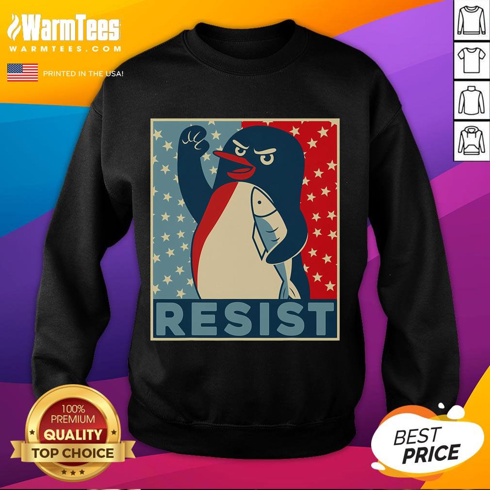 Colorful sweatshirt featuring protest penguins resisting tariffs, perfect for eco-conscious fashion lovers.