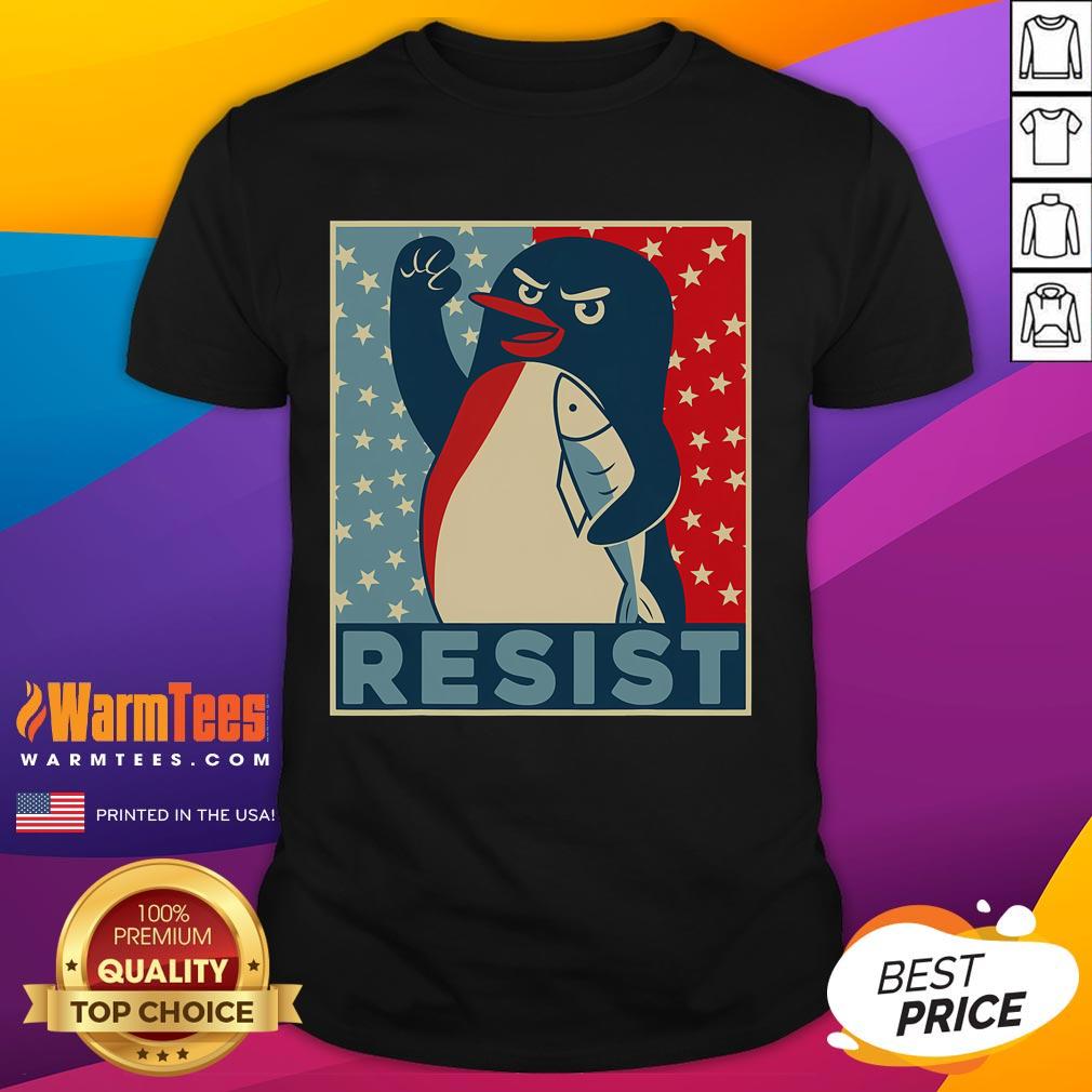 Top Penguin Resist Penguins Protest Against Tariffs T-Shirt featuring playful penguin graphic and protest slogan.