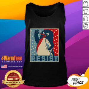 Alt Text: Top Penguin Resist: Penguins protesting against tariffs while wearing colorful tank tops at a rally.