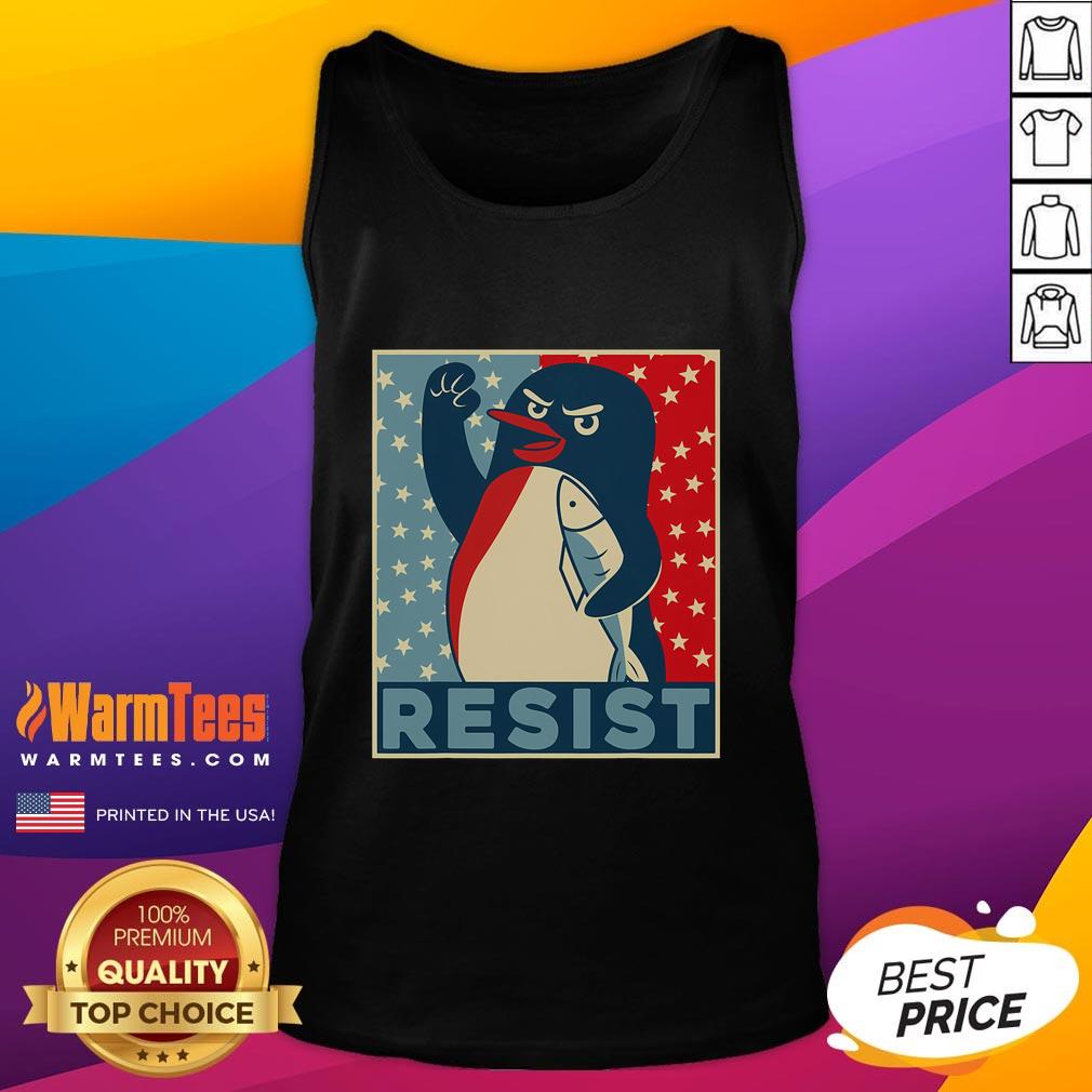 Alt Text: Top Penguin Resist: Penguins protesting against tariffs while wearing colorful tank tops at a rally.