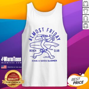 Dog wearing 'Awesome Almost Friday Beach Club' tank top, enjoying summer vibes at the beach.