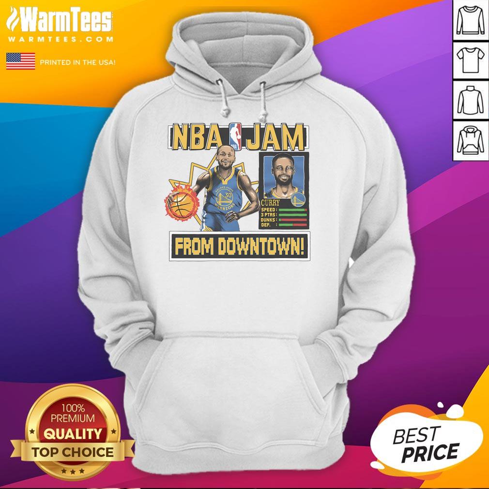 Awesome Golden State Warriors Stephen Curry homage royal NBA Jam hoodie featuring vibrant team colors and iconic design.