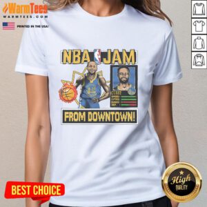 Awesome Golden State Warriors Stephen Curry homage royal NBA Jam ladies tee showcasing vibrant design and team spirit.