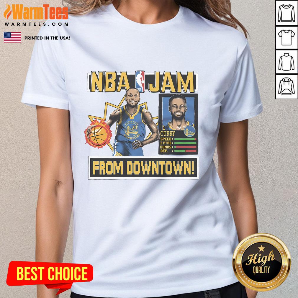 Awesome Golden State Warriors Stephen Curry homage royal NBA Jam ladies tee showcasing vibrant design and team spirit.