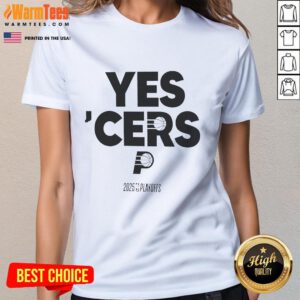 Alt Text: Awesome Indiana Pacers Yes Cers 2024-25 NBA Playoffs Ladies Tee showcasing team pride and stylish design.
