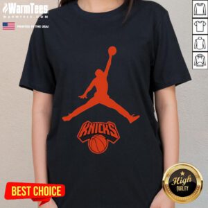 Alt Text: Awesome Jordan New York Knicks Basketball NBA Playoffs 2025 Ladies Tee featuring vibrant team colors and stylish design.
