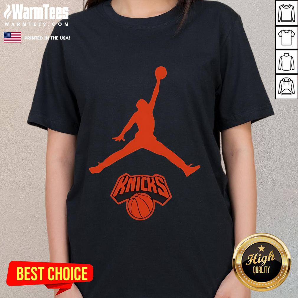 Alt Text: Awesome Jordan New York Knicks Basketball NBA Playoffs 2025 Ladies Tee featuring vibrant team colors and stylish design.